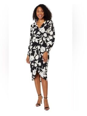 Maggy London Black & White Floral Wrap Midi Dress NEW